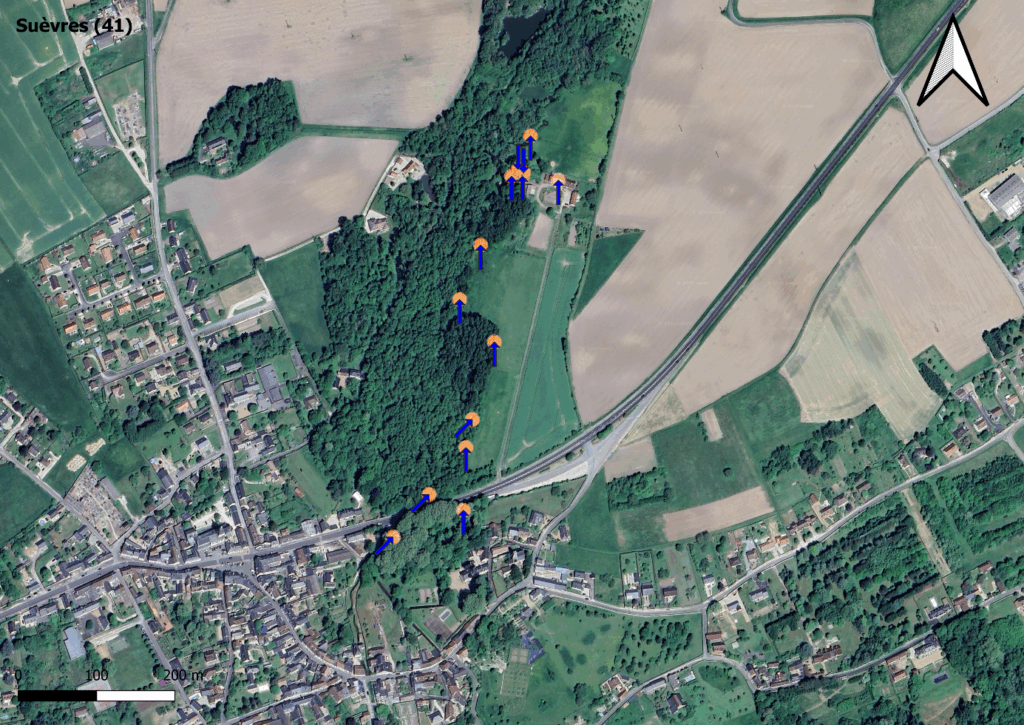 Figure 10 zone de vent (downburst) sur Suèvres (41) le 25 juin 2025