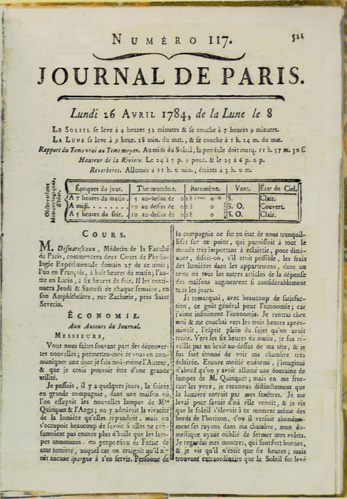 Lettre de Franklin dans le Journal de Paris du 26 avril 1784.