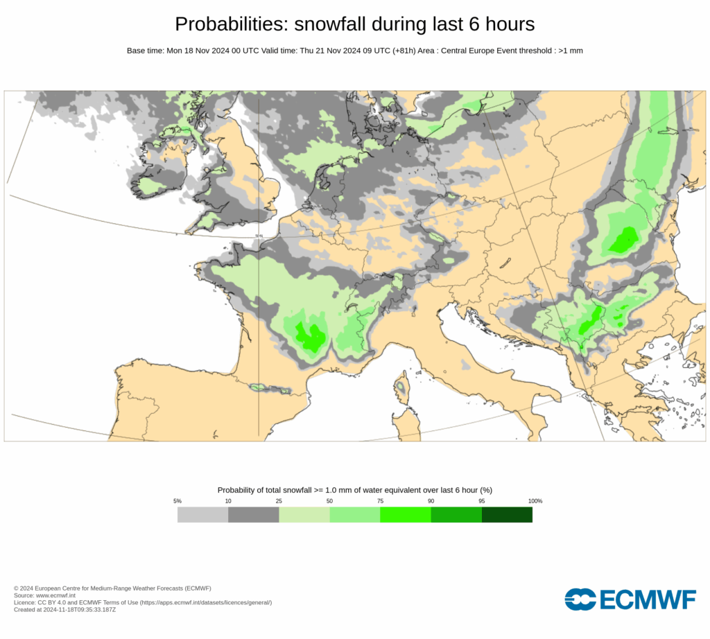 Probabilités de neige dans la matinée du jeudi 21 novembre 2024, sur les 6 dernières heures, par le modèle ECMWF (copyright : ECMWF).