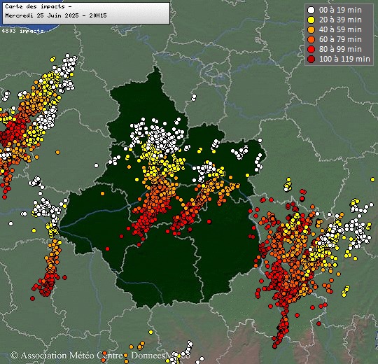 Carte des impacts de foudre dans la soirée du 25 juin dans la région Centre - Val de Loire