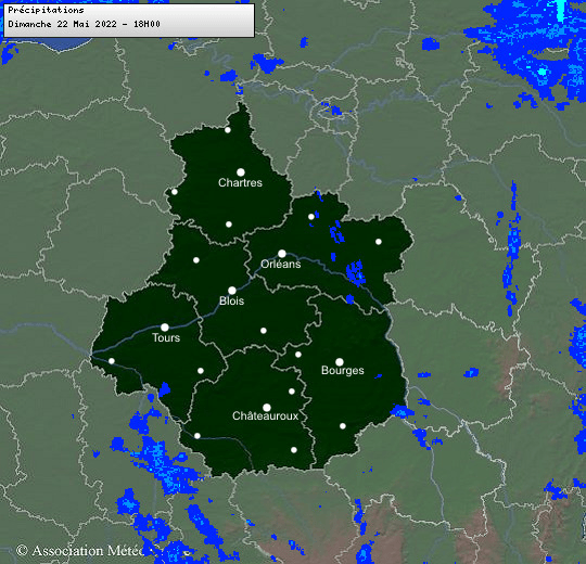 Radar précipitations de la soirée du 22 et de la nuit du 22 au 23 mai 2023 (copyright : Association Météo Centre).