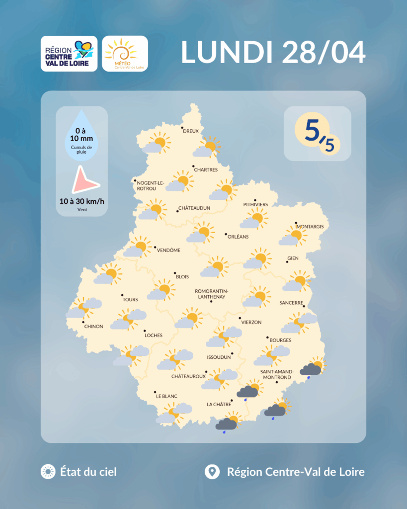 Etat du ciel en région Centre - Val de Loire prévu dans l'après-midi de ce lundi 28 avril 2025 (copyright : Association Météo Centre - Val de Loire).