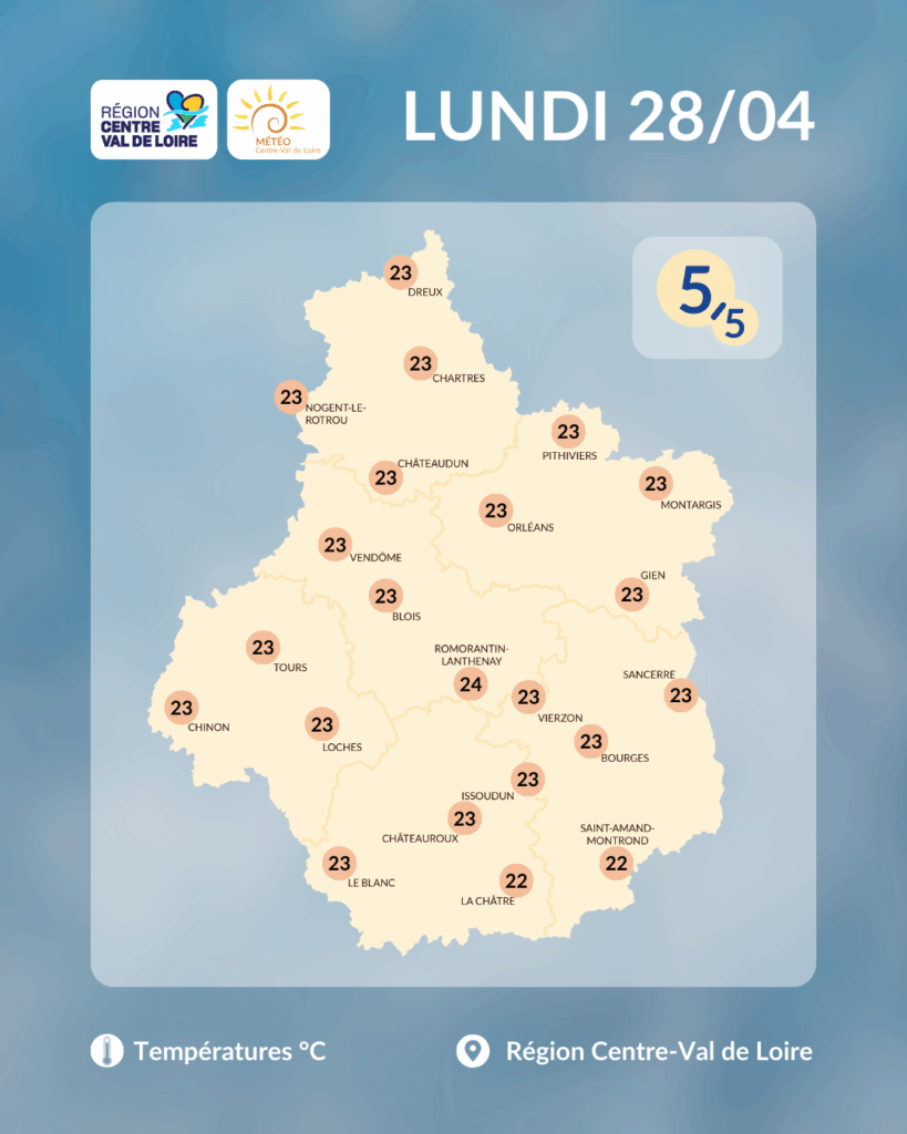 Températures maximales en région Centre - Val de Loire prévues dans l'après-midi de ce lundi 28 avril 2025 (copyright : Association Météo Centre - Val de Loire).
