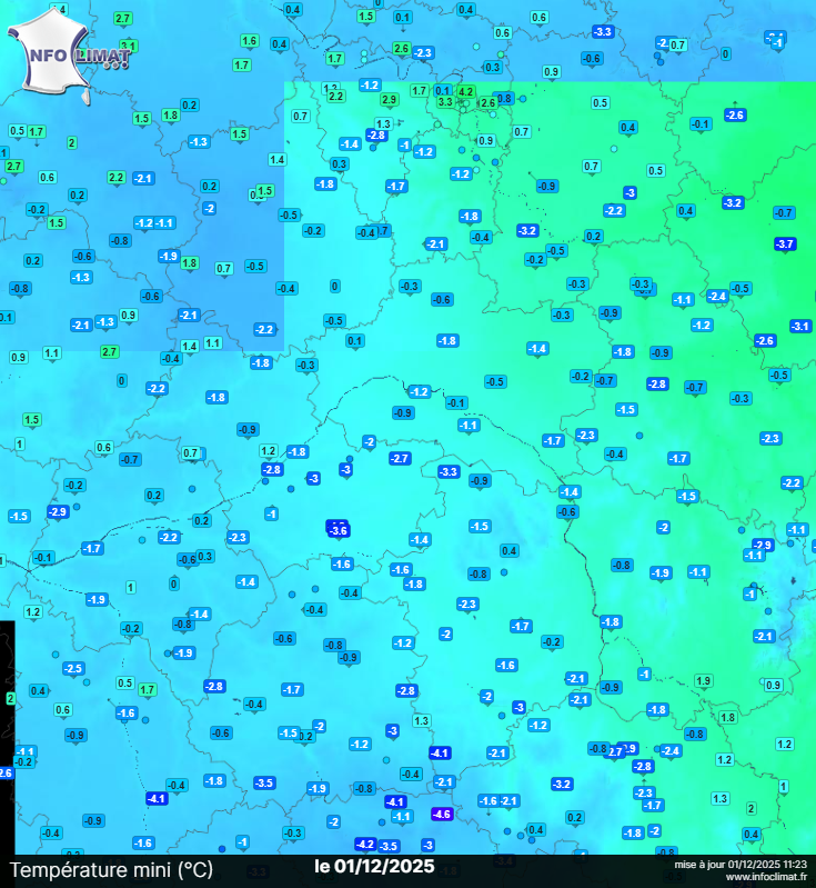Carte des températures minimales et des gelées du 1 décembre dans le Centre - Val de Loire