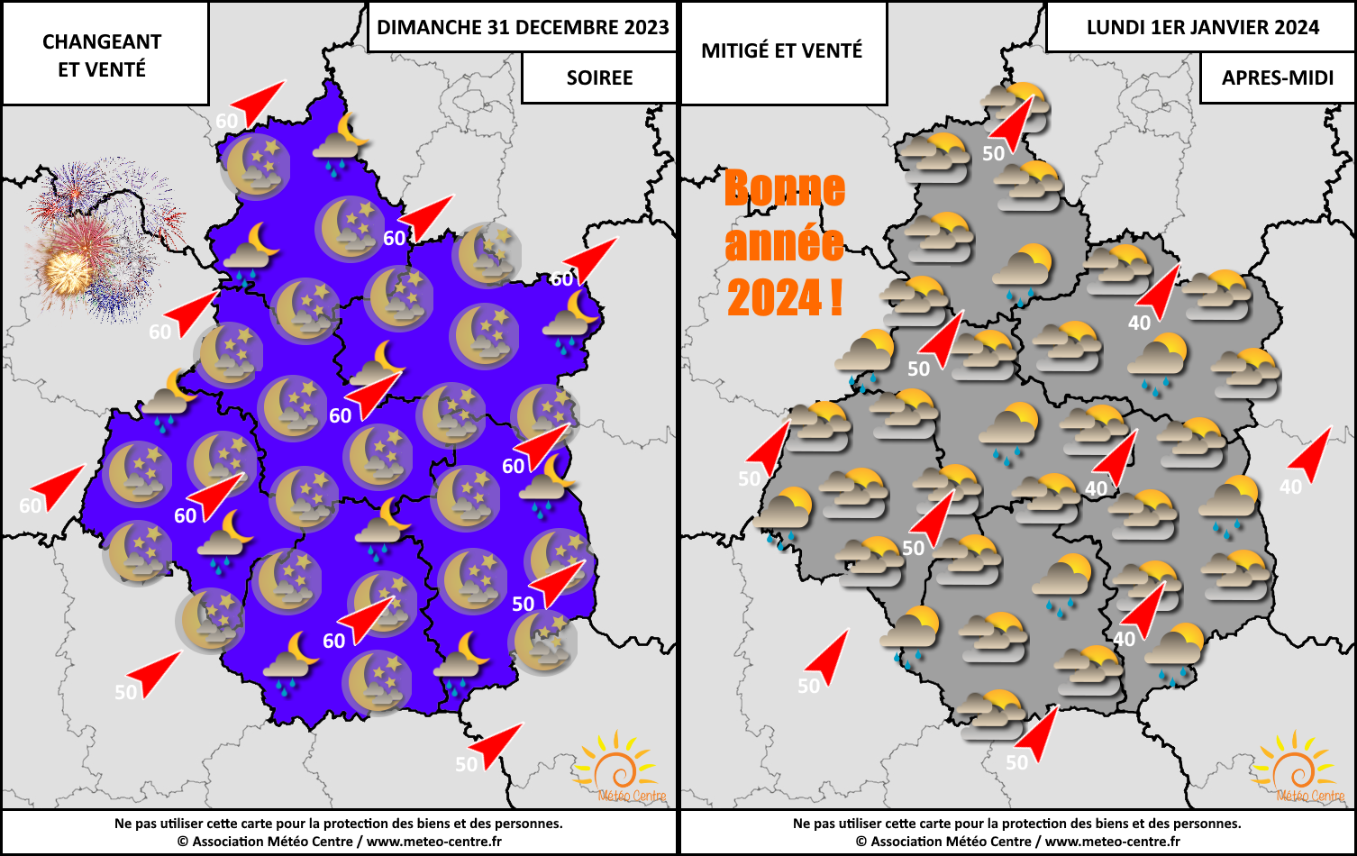 Conditions météo prévues pour la soirée du Réveillon de la Saint-Sylvestre et notre après-midi du premier de l'An 2024, sur le Centre - Val de Loire (copyright : Association Météo Centre).