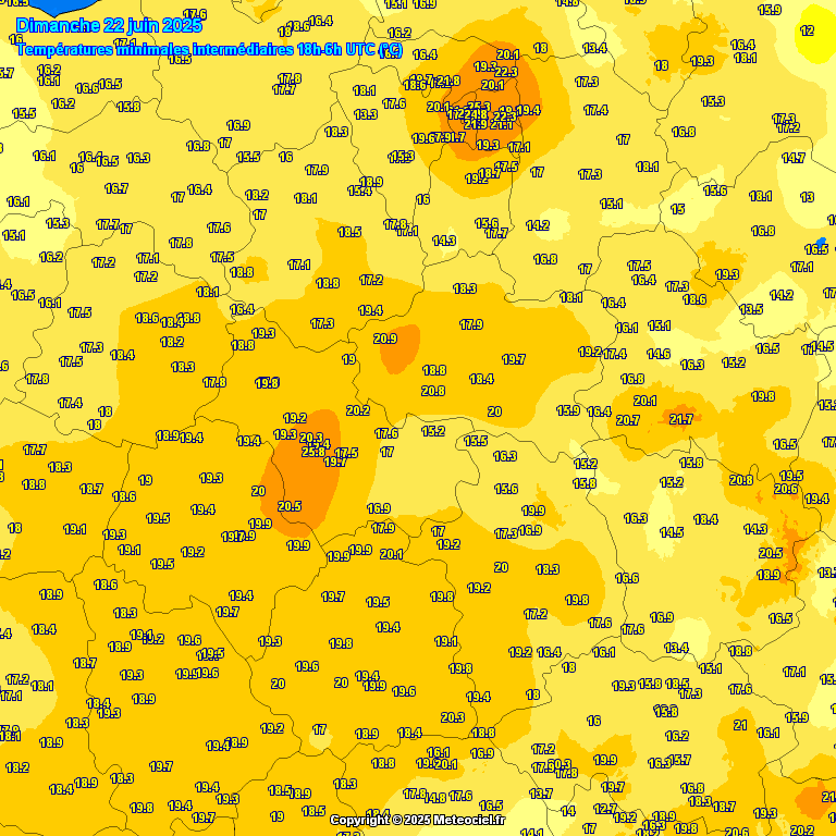 Cartes des températures minimales provisoires dans la région Centre - Val de Loire (nuit du 21 au 22 juin 2025)