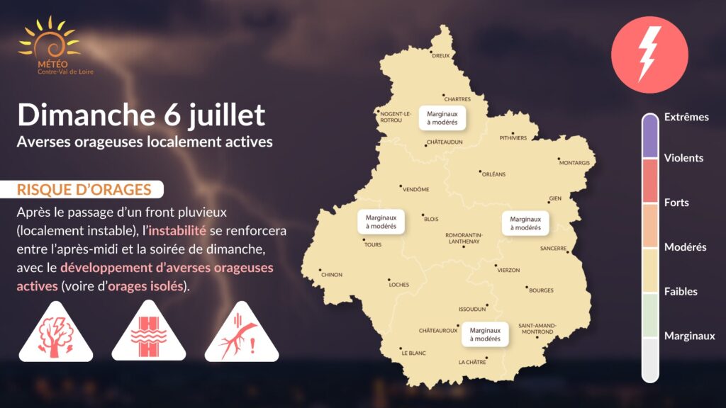 Carte des risques émise pour la journée du 6 juillet 2025 sur la région Centre - Val de Loire