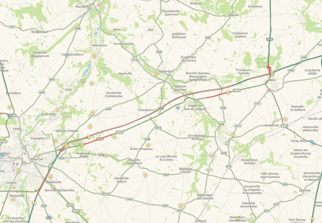 Carte de la fermeture de l'autoroute A11 en raison des inondations dans l'Eure-et-Loir
