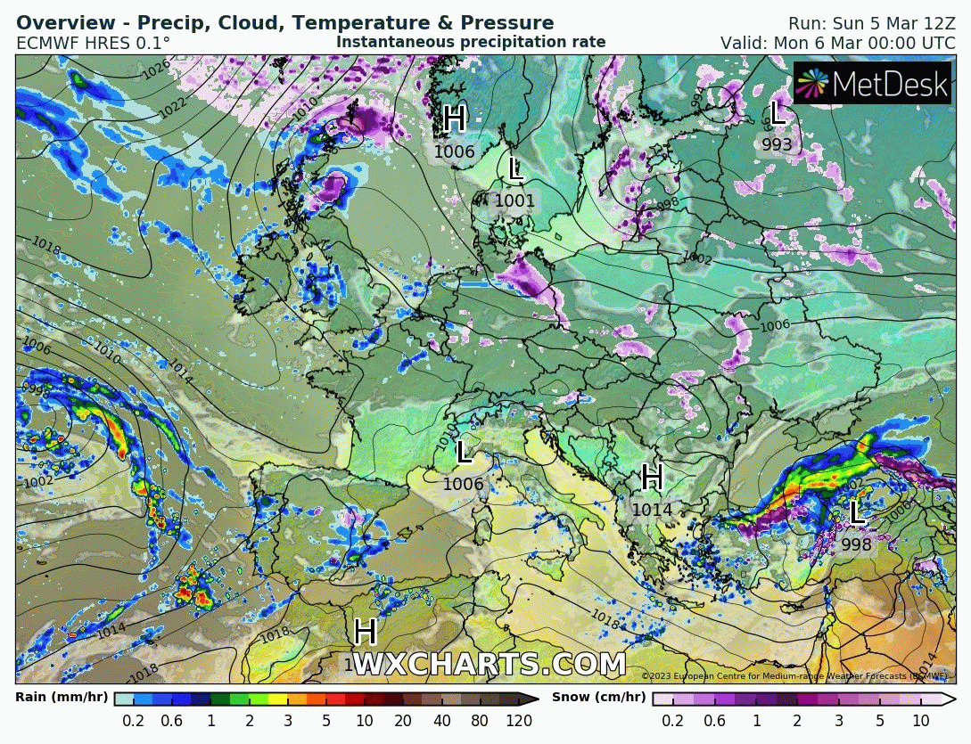 Précipitations prévues entre les 6 et 13 mars 2023 sur l'Europe par le modèle ECMWF (copyright : https://www.wxcharts.com/).