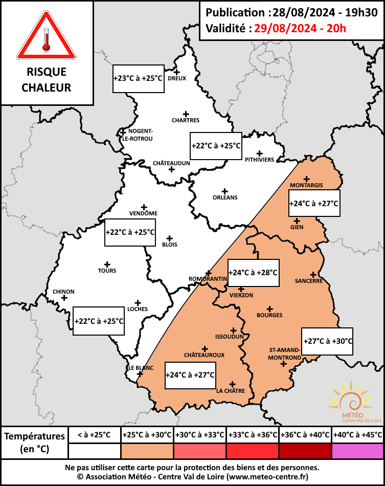 Carte risque chaleur du 29 août 2024 (copyright : Association Météo Centre - Val de Loire).
