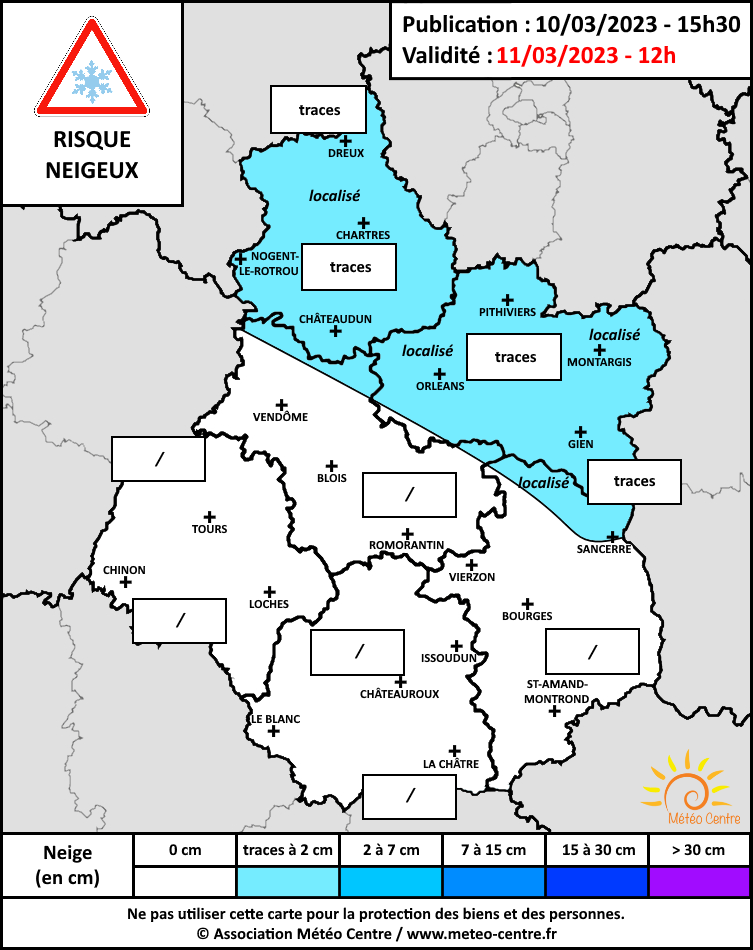 Carte risque neigeux du 11 mars 2023 (copyright : Association Météo Centre).