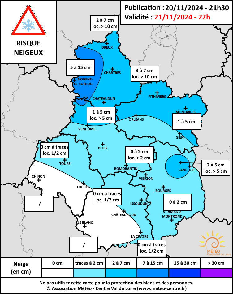 Carte risque neigeux du 21 novembre 2024 (copyright : Association Météo Centre - Val de Loire).