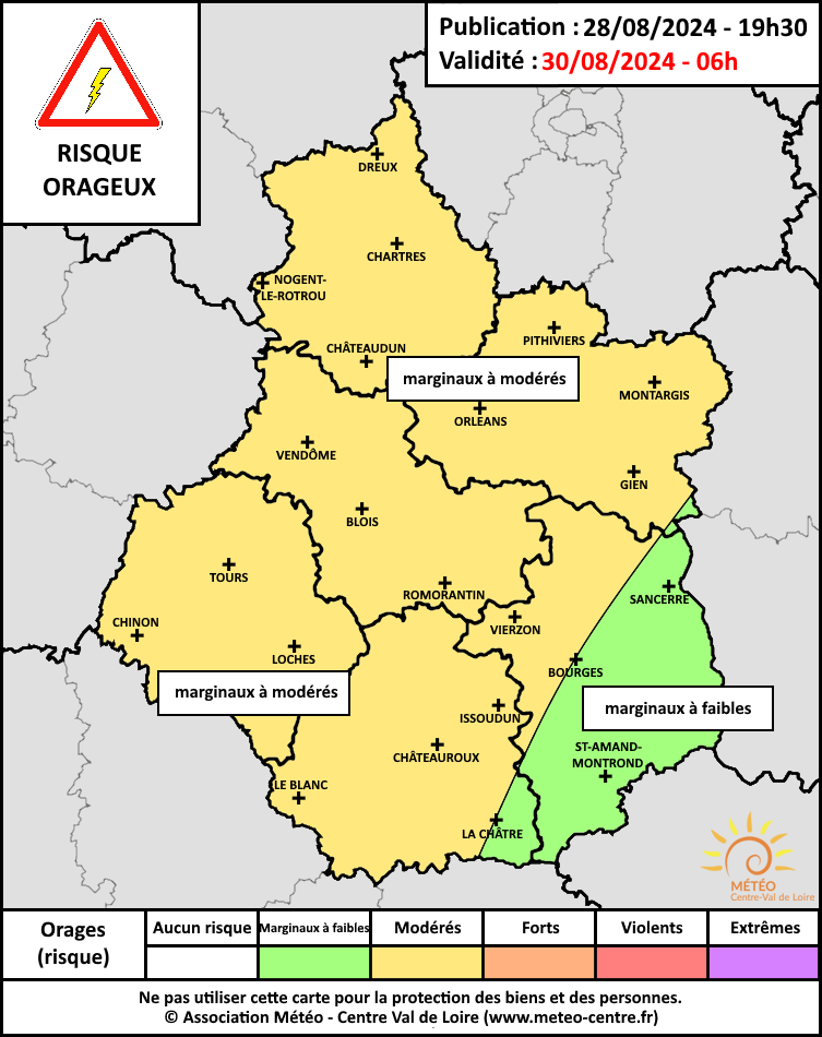 Carte risque orageux du 29 août 2024 (copyright : Association Météo Centre - Val de Loire).