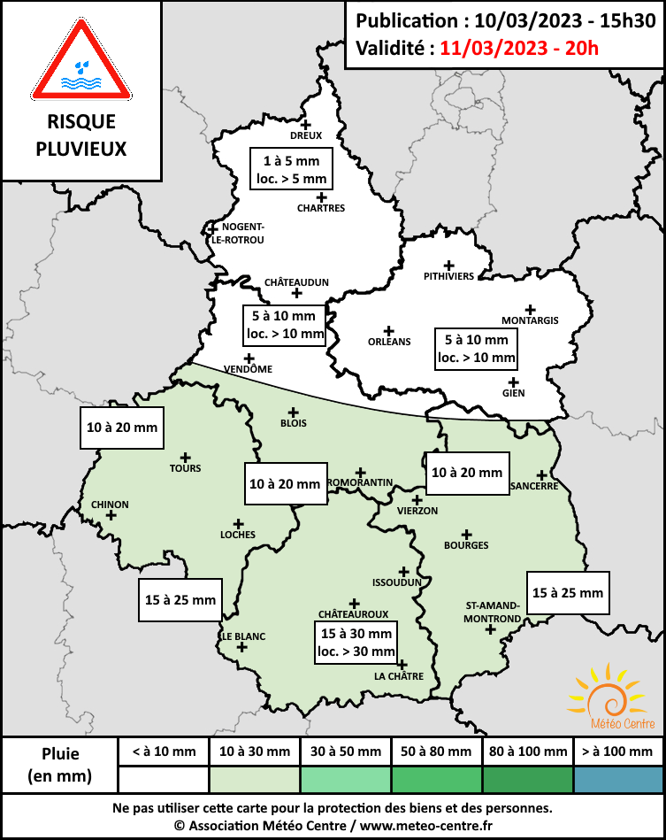 Carte risque pluvieux du 10 au 11 mars 2023 (copyright : Association Météo Centre).