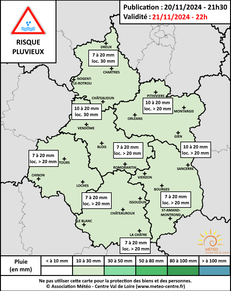 Carte risque pluvieux du 21 novembre 2024 (copyright : Association Météo Centre - Val de Loire).