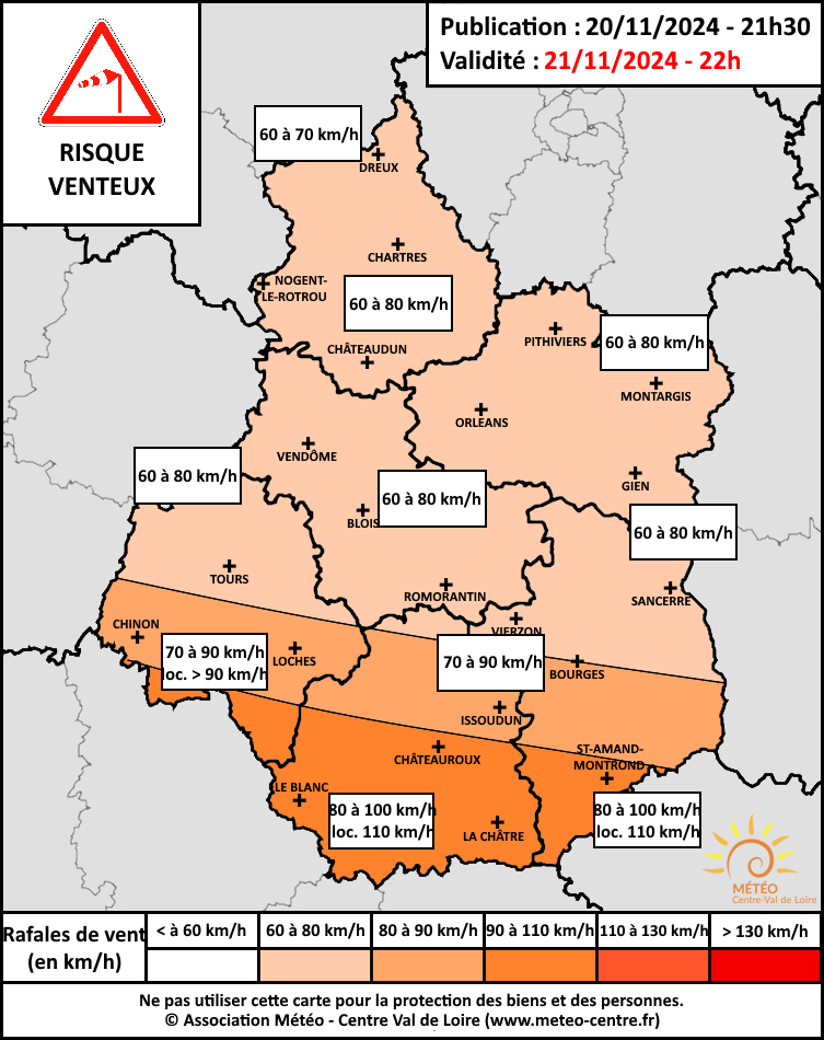 Carte risque venteux du 21 novembre 2024 (copyright : Association Météo Centre - Val de Loire).