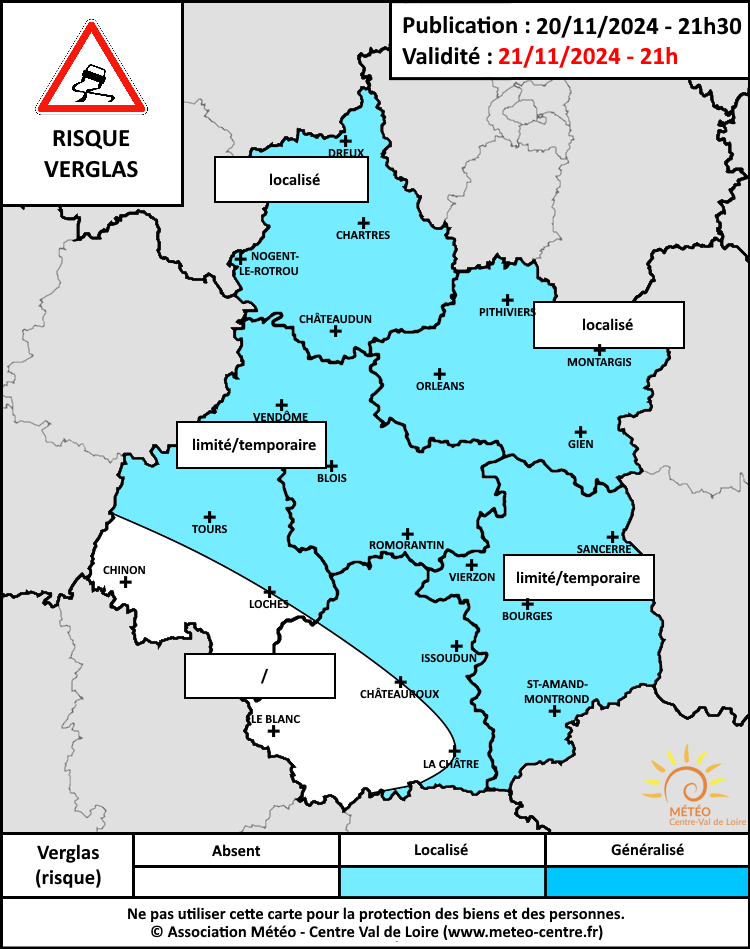 Carte risque verglas du 21 novembre 2024 (copyright : Association Météo Centre - Val de Loire).