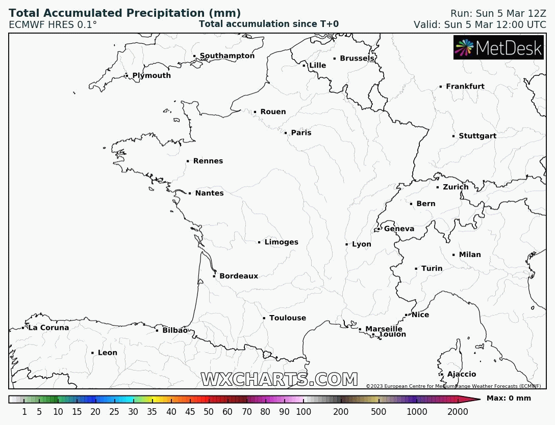 Cumuls de précipitations prévus entre les 5 et 15 mars 2023 sur la France par le modèle ECMWF (copyright : https://www.wxcharts.com/). A ne pas prendre au pied de la lettre mais donnant une bonne indication sur le potentiel pluvieux attendu.