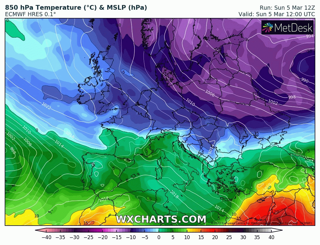 Evolution des pressions près de la mer et températures vers 1500m d’altitude prévues en Europe entre les 5 et 9 mars 2023 par le modèle ECMWF (copyright : https://www.wxcharts.com/).