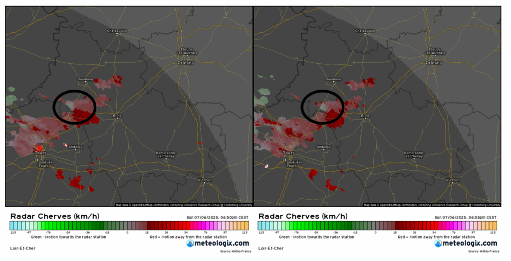 image Doppler à 18h50 (gauche) et à 18h55 (droite)