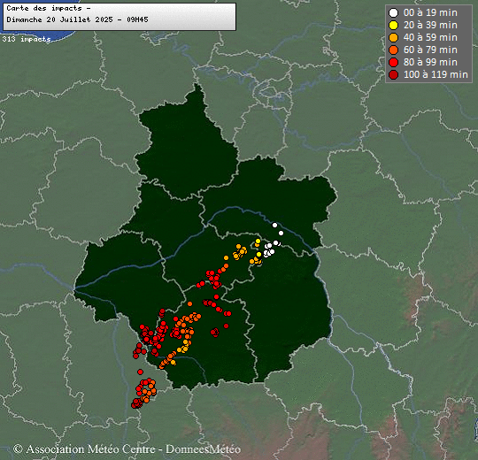 Carte des impacts de foudre à 9h45 dans la région Centre - Val de Loire le 20 juillet 2025