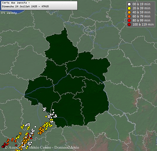 Carte des impacts de foudre à 7h15 dans la région Centre - Val de Loire le 20 juillet 2025