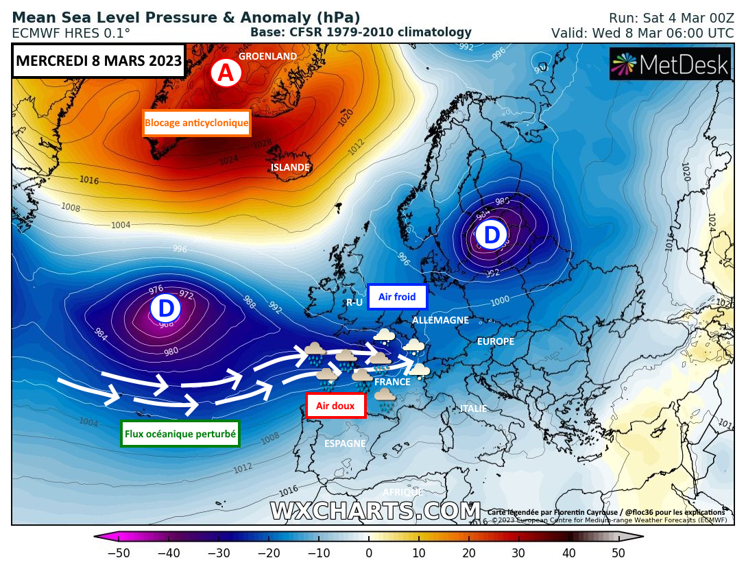 Anomalies de pression près de la mer prévues le mercredi 8 mars 2023 sur l'Europe et le bassin Atlantique Nord par le modèle ECMWF (copyright : https://www.wxcharts.com/). Bleu / violet = anomalies dépressionnaires, rouge / orange = anomalies anticycloniques.