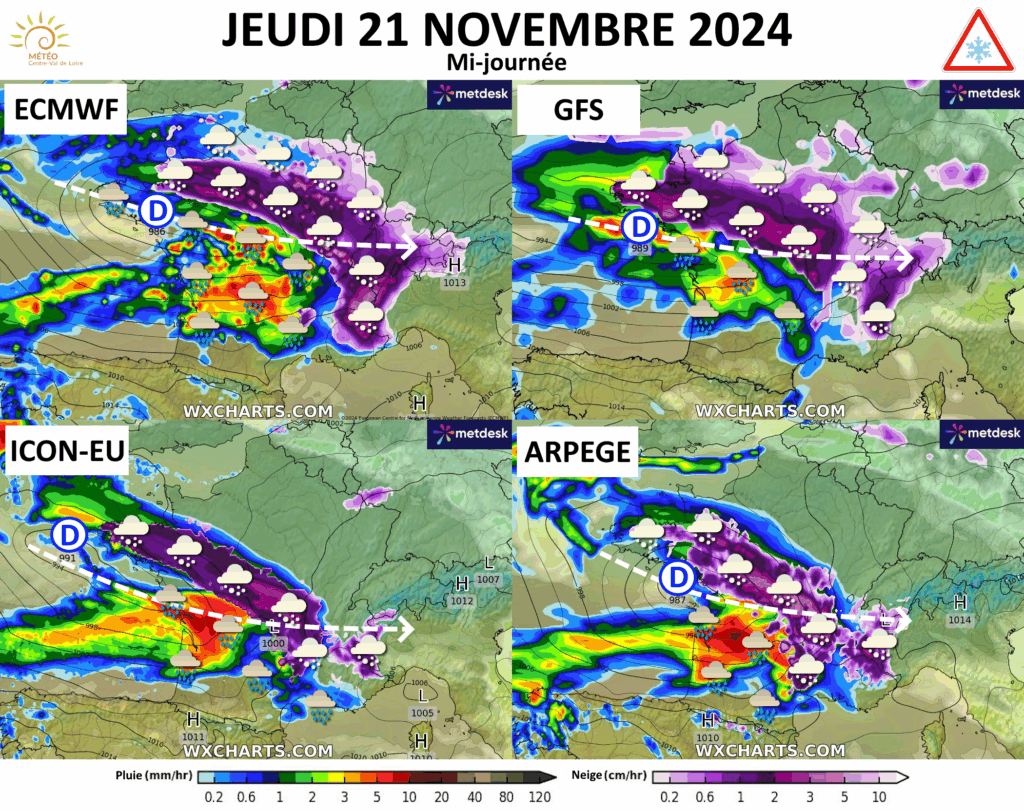 Précipitations prévues (pluie, neige) par les modèle ECMWF, GFS, ICON-EU et ARPEGE pour la mi-journée du jeudi 21 novembre 2024 en France (copyright : WXCharts).