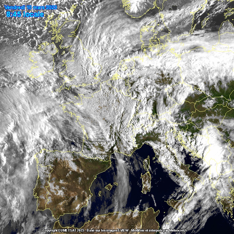 Image satellite de la dépression / tempête Gérard circulant du Nord de la France vers l'Allemagne ce vendredi 10 mars 2023 matin, vers 9h (copyright : meteociel.fr).
