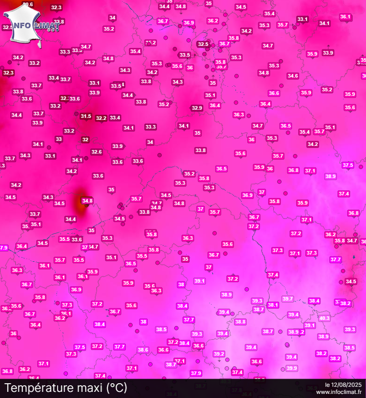 Carte des températures maximales du lundi 11 août 2025 dans la région Centre - Val de Loire