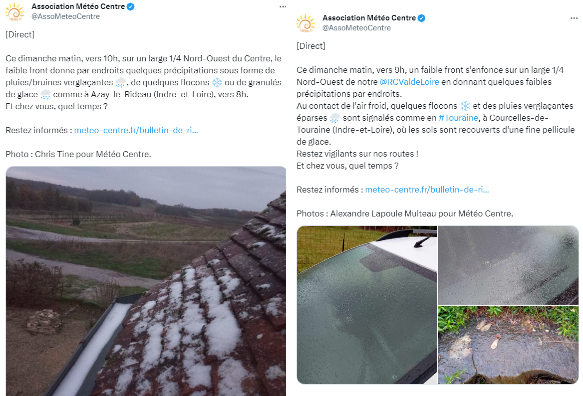 Phénomènes glissants et flocons observés ce dimanche 3 décembre 2023 matin en Touraine.