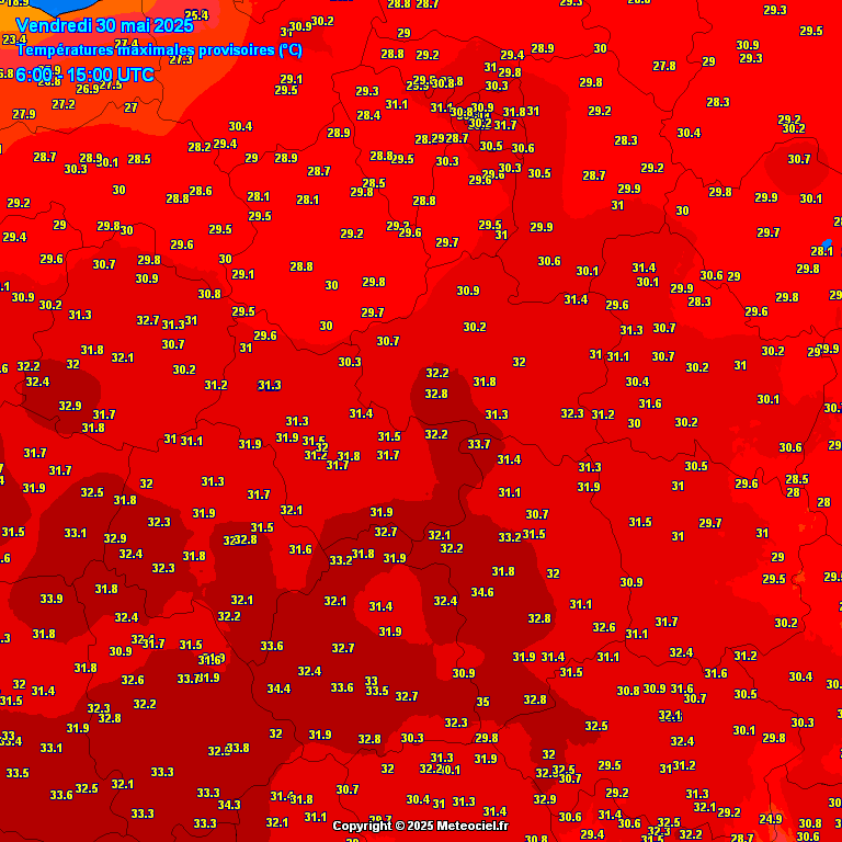 Carte des températures maximales provisoires dans la région Centre - Val de Loire le 30 mai 2025