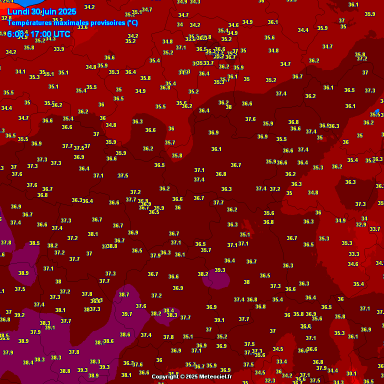 Carte des températures maximales du lundi 30 juin 2025 